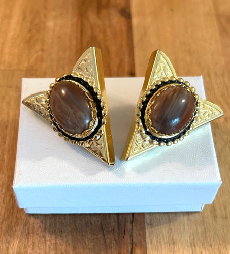 VTG Western Cowboy Screw On Gold Tone COLLAR TIPS Oval BROWN Tiger Eye Stone USA