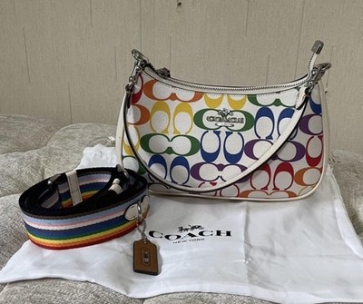 Neu Coach Teri Schultertasche mit charakteristischem Canvas & Kreide Leder Regenbogen 450 £