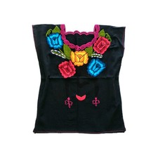 Blusa Mujer Muñeca Frida Mexicana Bordada Campesina Floral Negra Top M