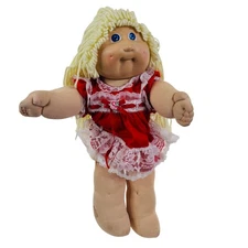 VTG 1984 Cabbage Patch Blue Eyes Blonde Yarn Hair Doll Red Dress