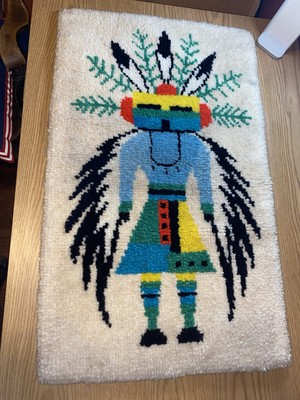 70s Vintage Latch Hook Native American Indian Kachina Rug Wall Hanging 35  x 21 