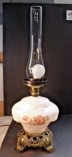 Vintage EMBOSSED Gone with the Wind LAMP BASE + Chimney Milk Glass WILD ROSE