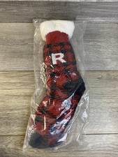 NEW PLUSH-LINED MID-CALF MONOGRAM BUFFALO PLAID SLIPPERS SOCKS - LETTER "R"