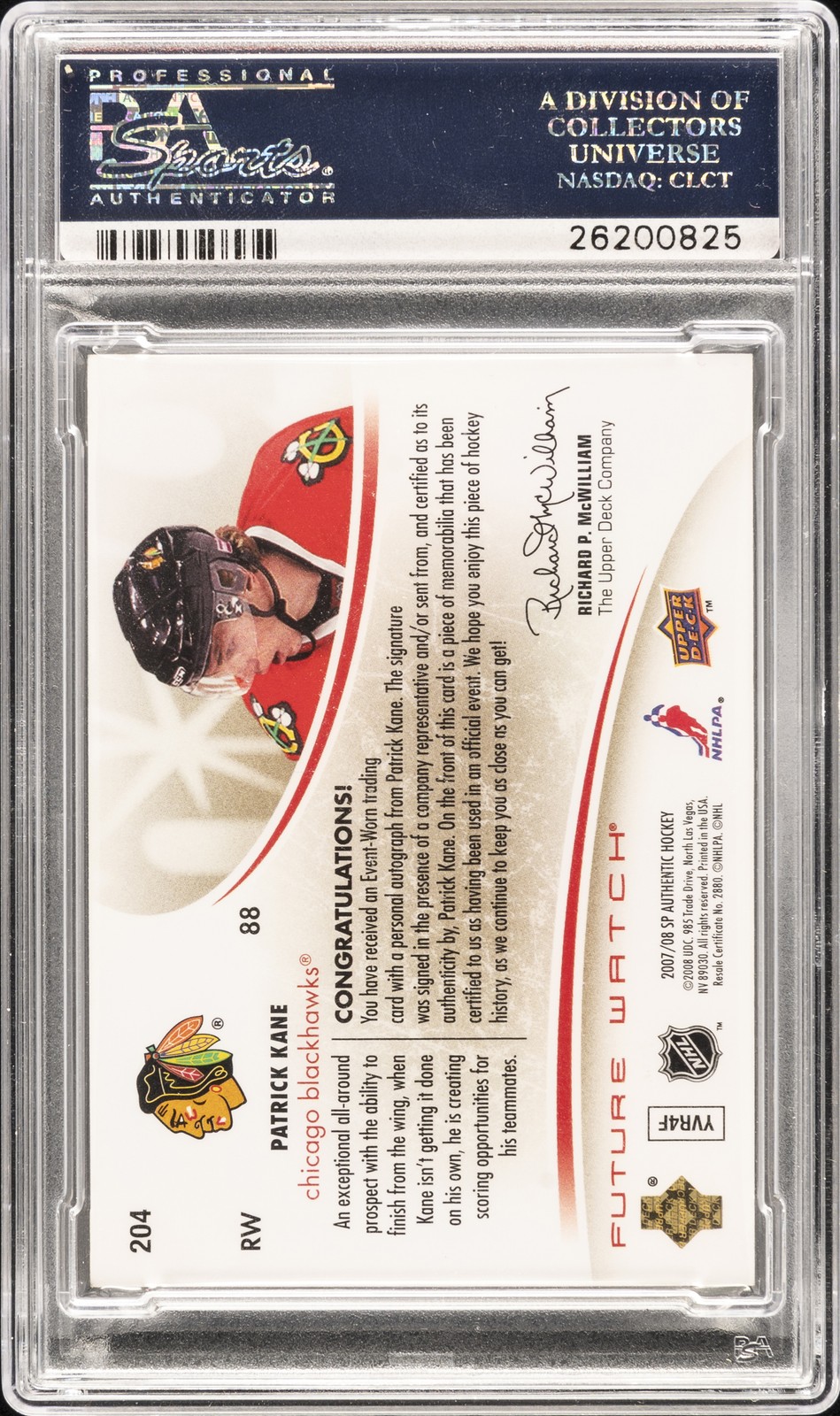 2007 SP AUTHENTIC AUTO PATCH-LTD #204 PATRICK KANE ROOKIE RC 60/100 PSA 8 view 2