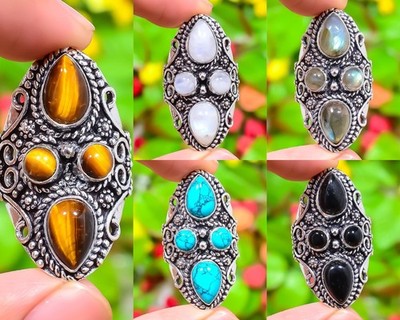 Tigerauge, Multi Edelstein Handarbeit 925 Sterling Silber Ring Variation