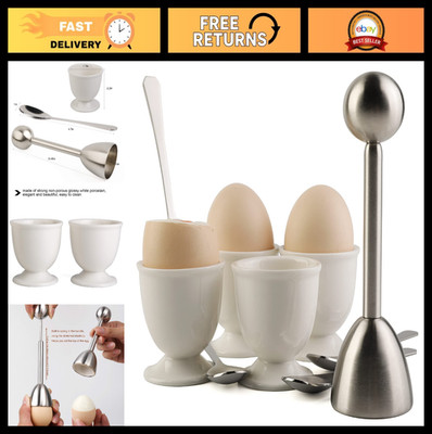 Egg Cracker Topper Set for Soft & Hard Boiled Eggs - 1 Cutter, 4 Cups & Spoons