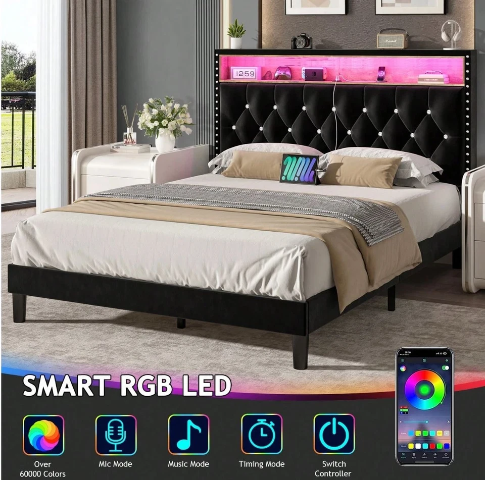 Marco de cama tapizado LED [ENVÍO GRATUITO] Foto 2 de 4