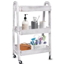 3-Tier Wooden Rolling Cart- Wooden Utility Cart wit Wheels- Utility Rolling C...