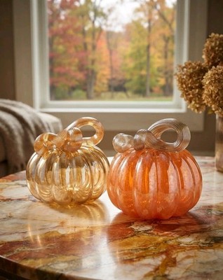 Handcrafted Pair Blown Glass Pumpkin Figurines Fall Autumn Harvest Table Decor