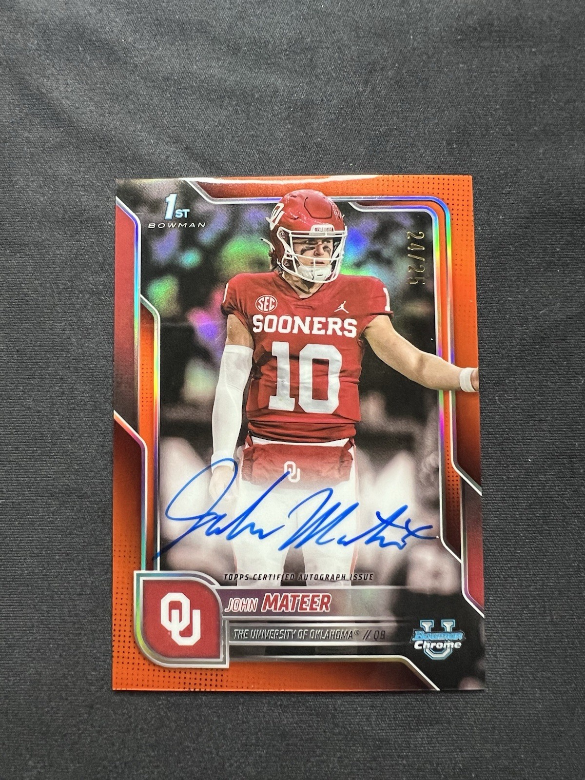 2025 Bowman Chrome U Football John Mateer 1st True Orange On Card Auto /25 SSP