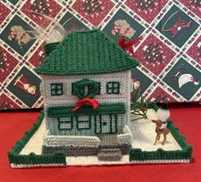 Vintage Plastic Canvas Christmas Village Green & White House With Front Porch