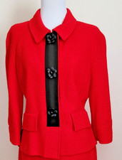 St John Red Boucle Knit Jacket Blazer Designer Black Camellia Flower Buttons 8