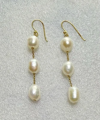 925 Sterling Vermeil & 3 Each Genuine 8.2mm PEARL Drop Dangle 2” Earrings  - Image 1 of 4