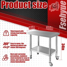 Stainless Steel 30x18x34 Inch Work Table with 4 Wheels 3-Stage Adjustable Shelf