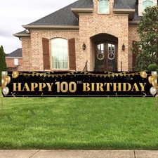 Large Happy 100th Birthday Banner, Black Gold Decoration Sign, Party Decora...