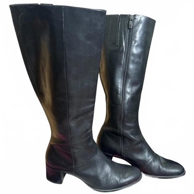 Ecco Black Leather Knee High Heel Fall Boho Chic Boots Womens Size 8