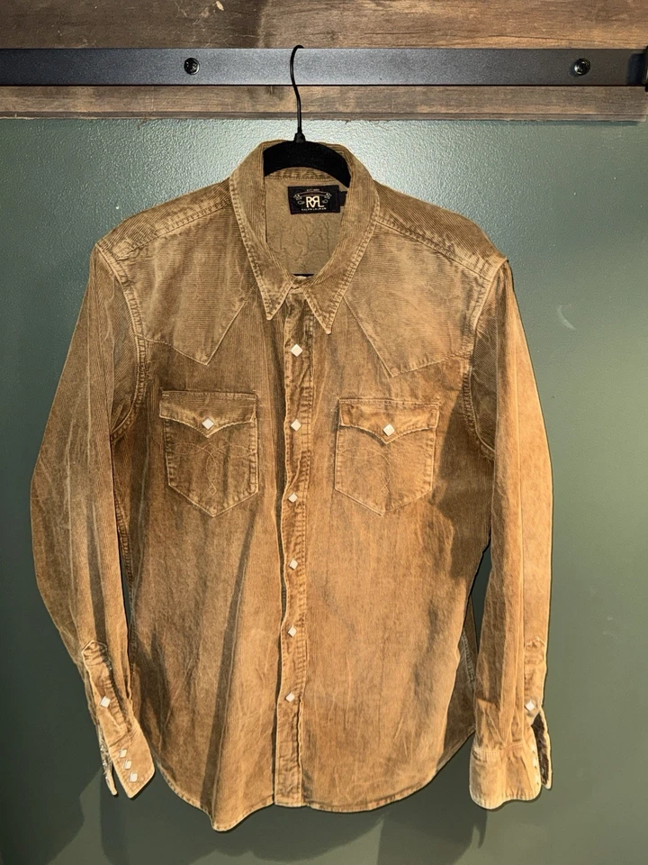 Camisa occidental de pana marrón bordada calce ajustado RRL Ralph Lauren para hombre Foto 3 de 4