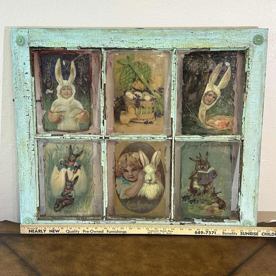 Ventana antigua hecha a mano de 100 años con arte de conejo de Pascua - Decoración de pared Shabby Chic 23x27 " Foto 2 de 4