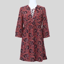 MADEWELL Women's Assam Floral Baby Doll Silk Lace-Up Dress Red Blue Size XS