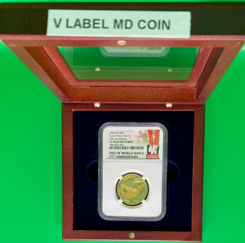 2020 End of World War II 75th Anniversary  W $25 Gold Medal PF70  V  LABEL - Image 2 of 4