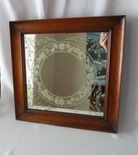 Antique Edwardian Small Etched Mirror in Wooden Frame 40cm/15" Square
