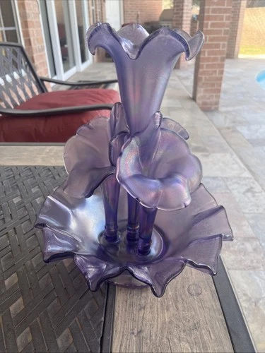 VINTAGE FENTON Violet Satin Stretch Glass  4 Horn Epergne 13” Trumpet Shape Vase