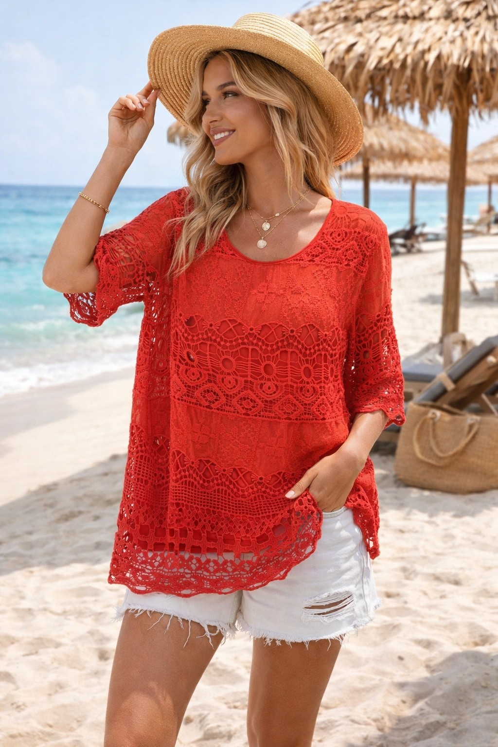 Isle Red Lace Crochet Overlay Short Sleeve Top L 18-20 Elegant Lined Tunic .....