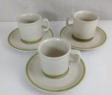 3 Stonybrook by Japan Stoneware Cups & Saucers w/ Green Band