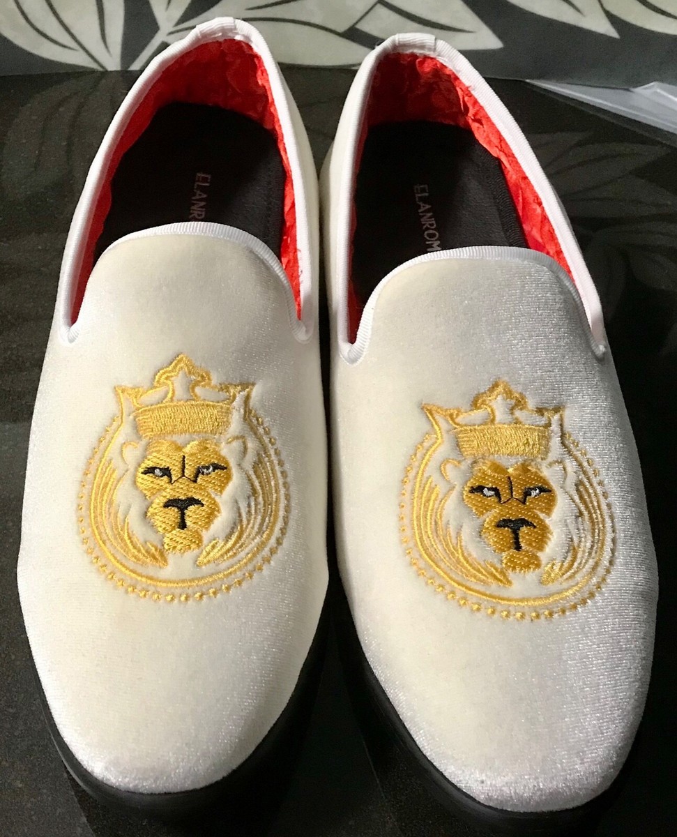 ElanRoman White Velvet Loafers with Gold Embroidered Crest Red Soles Sz 12.5 Elanroman White Velvet Loafers Mens Size 41 Dress Shoes Gold  main image 3