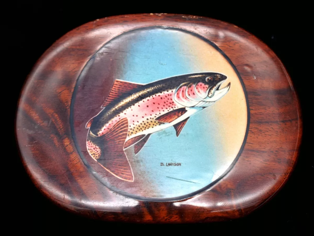 Rainbow Trout Fisherman Fly Fishing Vintage Wood Belt Buckle