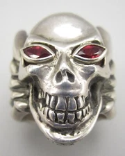 KING BABY STUDIO STERLING SILVER WINGED SKULL BIKER RING W/ RED EYES - SZ 10