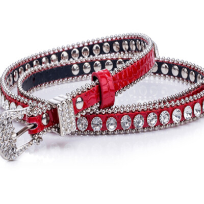 Women Belt Faux Leather Crystal Rhinestone Beaded Skinny Shiny