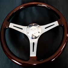 14 Inch Chrome Polished Steering Wheel Dark Wood 3-spoke With Chevy Horn Button 14 Inch Chrome Polished Steering Wheel Dark Wood 3-spoke With Chevy Horn Button