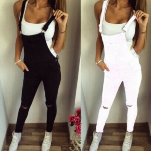 Donna Strappato Tuta Tuta Salopette Pantaloni Bavaglino e Bretella Casual |  eBay