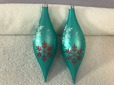 Christmas ornaments set of 2 plastic blue teardrops snowflake designs CH4236