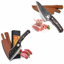 Hand Forged Meat Cleaver Chef's Knife with Leather Sheath For Camping  BBQ