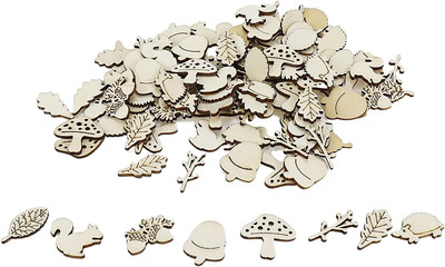 100Pcs Unfinished Wooden Ornament Mini Wood Pieces Mushroom Tree Squirrel Pine C