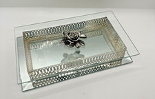 Vintage Mirrored Jewelry Trinket Dresser Box Rose with Glass Lid Silver Frame
