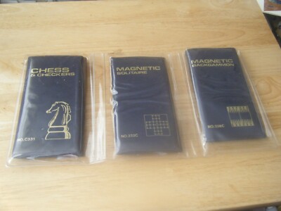 Vintage Magnetische Reisespiele Sets, Backgammon, Schach/Dame, Solitär