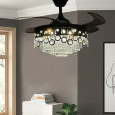 42" Retractable Ceiling Fan Crystal Chandeliers Remote 3-Speed 3-Color LED Light