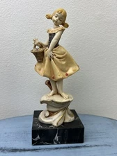 Figurine Girl w/Basket Depose Italy Toscany Carrara Marble Base 6.5"