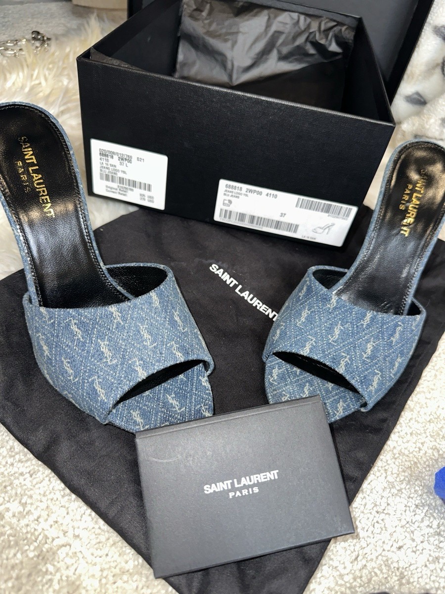 Saint Laurent（サンローラン) YSLロゴヒール サンダル　37 Saint Laurent YSL Logo Monogram Denim Open Toe Mule Stiletto Heels