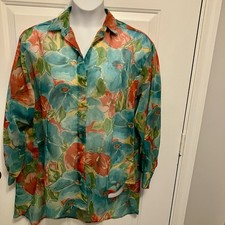 GOTTEX Vintage 80s Sz Small Swim Coverup/ Kimono Floral Print Shirt Top RARE 