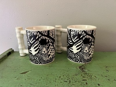 Vtg Vandor Leopard Safari Coffee Mugs. 1970s Bamboo Shaped Handle. Cheetah,