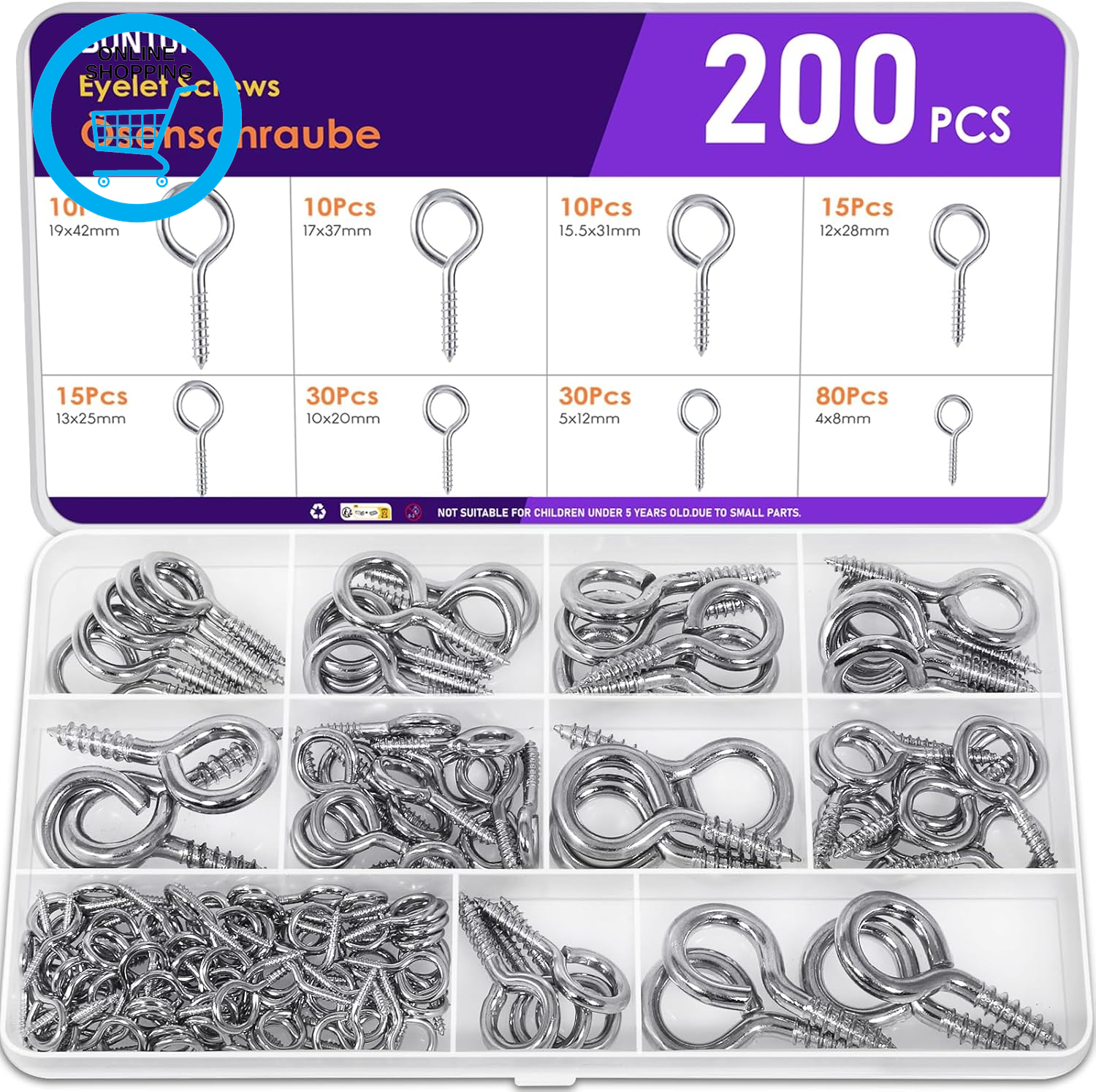 Eyelet Screws 200PCS, 8 Sizes Heavy Duty Screw in Eye, Metal Vine Eyes for Outdo