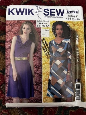 Kwik Sew K4026 A-Line Dresses w Draped Neckline Sz XS-XL UNCUT Sewing Pattern