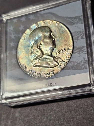 1963 Franklin Silver Half Dollar Gem Uncirculated Rainbow Toning