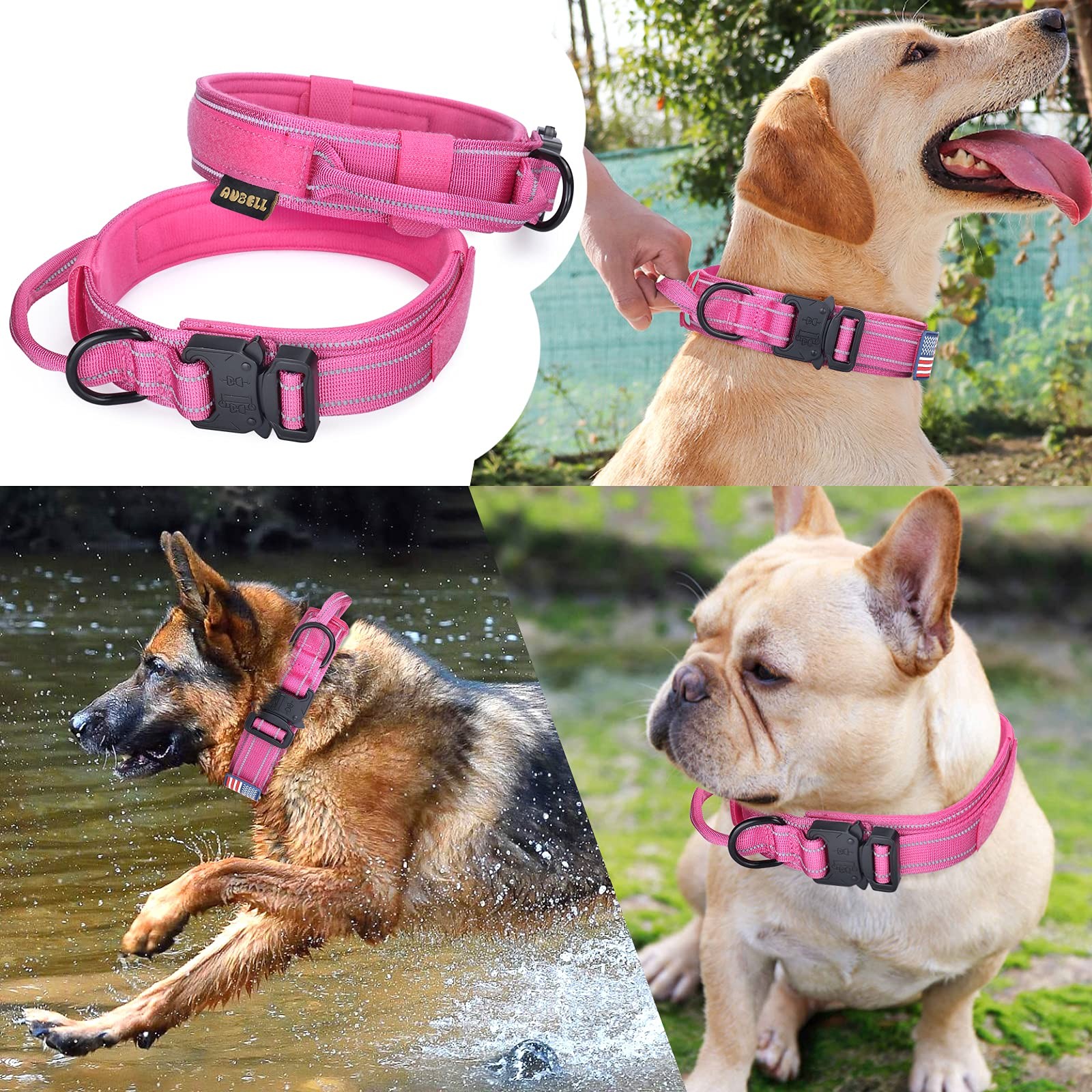 AUBELL Reflective Tactical Dog Collar Military K9 Adjustable w/Handle & Airtag C