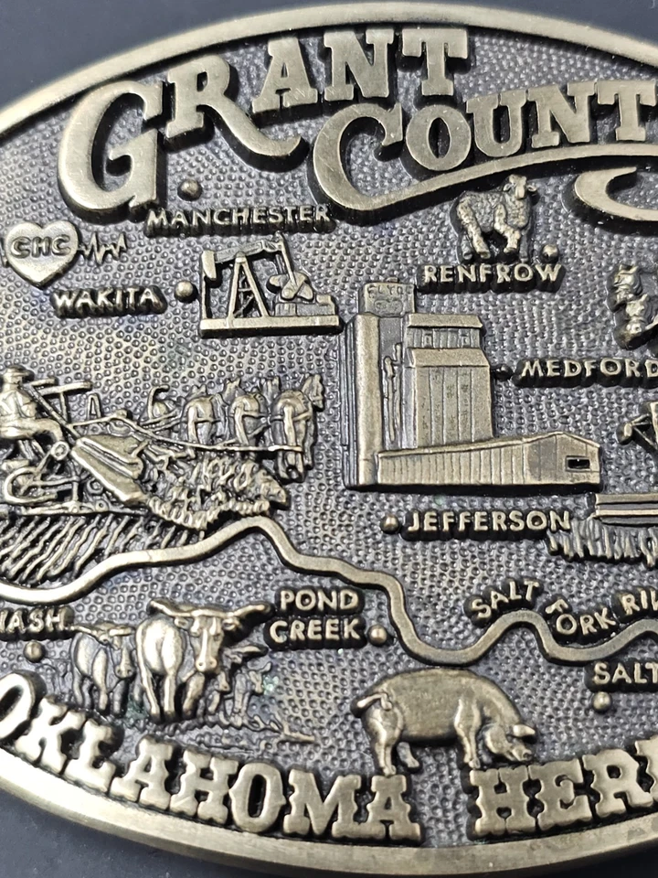 Hebilla de cinturón vintage 1986 Grant County Oklaoma Heritage # 723 Foto 3 de 4