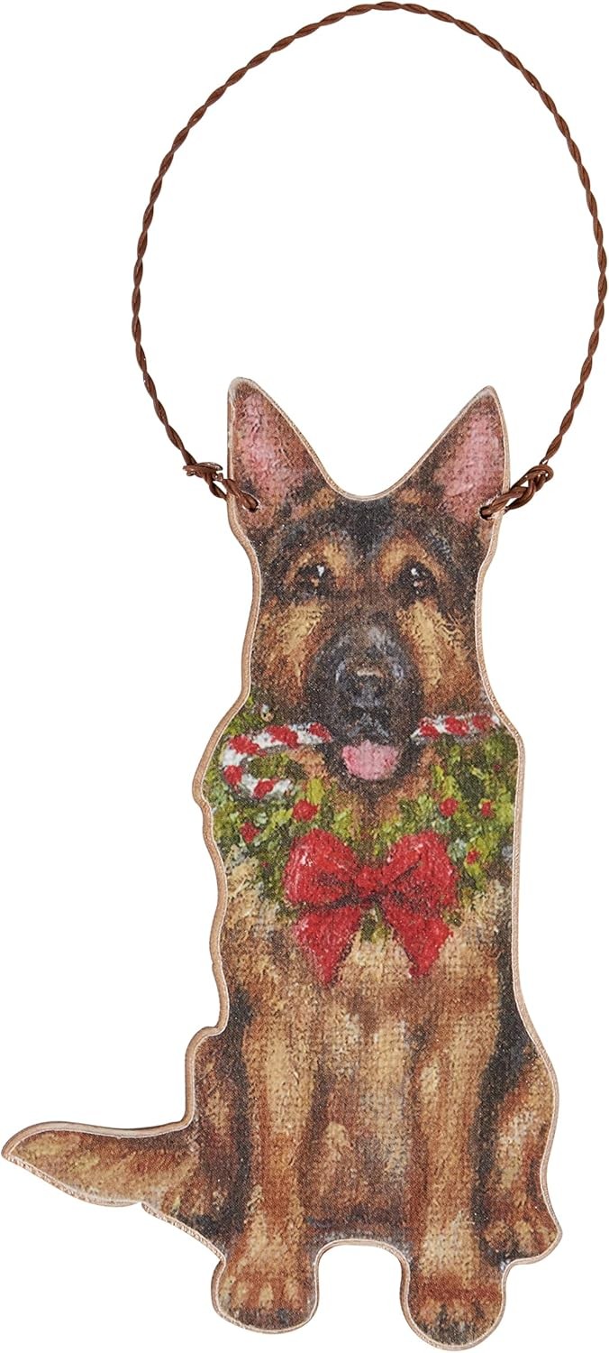 Primitives By Kathy German Shepherd with Candy Cane Wooden Christmas Ornament